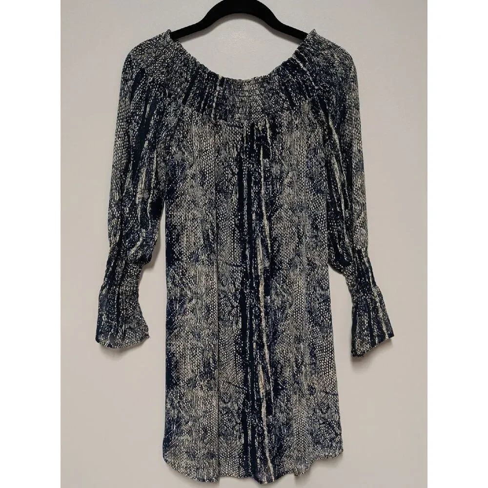 Abbeline Navy and Ivory Long-Sleeve Printed Peasant Dress